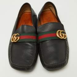 Gucci Black Leather GG Marmont Web Driver Slip On Loafers Size 43