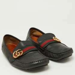 Gucci Black Leather GG Marmont Web Driver Slip On Loafers Size 43