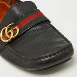 Gucci Black Leather GG Marmont Web Driver Slip On Loafers Size 43