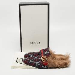 Pre Owned Gucci Navy Blue/Red Diamond GG Canvas and Fur Princetown Flat Mules Size 42