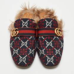 Pre Owned Gucci Navy Blue/Red Diamond GG Canvas and Fur Princetown Flat Mules Size 42