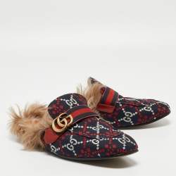Pre Owned Gucci Navy Blue/Red Diamond GG Canvas and Fur Princetown Flat Mules Size 42