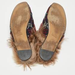 Pre Owned Gucci Navy Blue/Red Diamond GG Canvas and Fur Princetown Flat Mules Size 42
