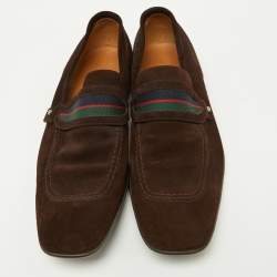 مملوكة مسبقًا Gucci Brown Suede Web Slip On Loafers Size 41 