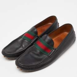 Gucci Black Leather Web Slip On Loafers Size 44