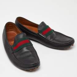 Gucci Black Leather Web Slip On Loafers Size 44