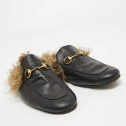 Pre Owned Gucci Princetown Black Leather and Fur Mules Size 44.5