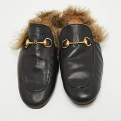 Pre Owned Gucci Princetown Black Leather and Fur Mules Size 44.5