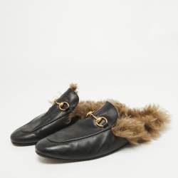 Pre Owned Gucci Princetown Black Leather and Fur Mules Size 44.5