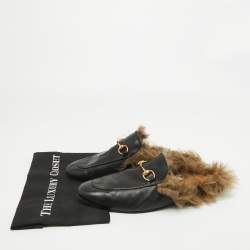 Pre Owned Gucci Princetown Black Leather and Fur Mules Size 44.5