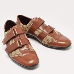 Gucci Brown/Beige Leather and GG Canvas Velcro Sneakers Size 43