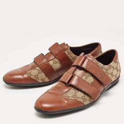 Gucci Brown/Beige Leather and GG Canvas Velcro Sneakers Size 43