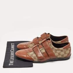 Gucci Brown/Beige Leather and GG Canvas Velcro Sneakers Size 43
