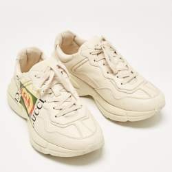 Gucci Cream Leather Rhyton Logo Low Top Sneakers Size 40