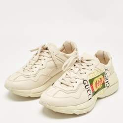 Gucci Cream Leather Rhyton Logo Low Top Sneakers Size 40