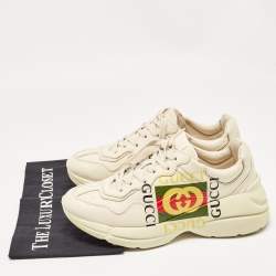 Gucci Cream Leather Rhyton Logo Low Top Sneakers Size 40