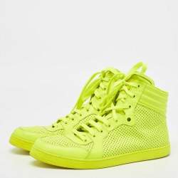 Pre Owned Gucci Neon Green Perforated Leather Lace Up High Top Sneakers Size 43