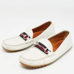 Gucci White Leather Web Horsebit Loafers Size 41