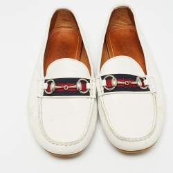 Gucci White Leather Web Horsebit Loafers Size 41