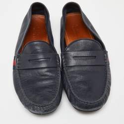 Gucci Blue Leather Web Accent Penny Slip On Loafers Size 41