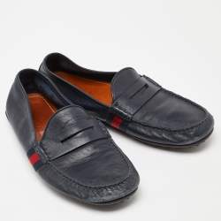 Gucci Blue Leather Web Accent Penny Slip On Loafers Size 41