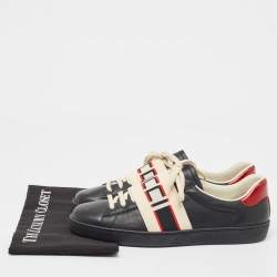 Gucci Black Leather And Stretch Band New Ace Logo Strap Low Top Sneakers Size 42.5