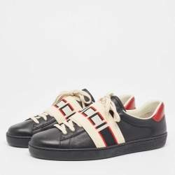 Gucci Black Leather And Stretch Band New Ace Logo Strap Low Top Sneakers Size 42.5