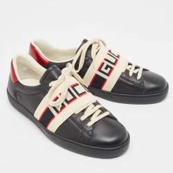 Gucci Black Leather And Stretch Band New Ace Logo Strap Low Top Sneakers Size 42.5