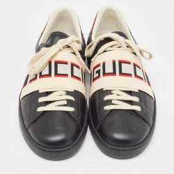 Gucci Black Leather And Stretch Band New Ace Logo Strap Low Top Sneakers Size 42.5