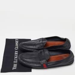 Gucci Black Leather Web Penny Slip On Loafers Size 43