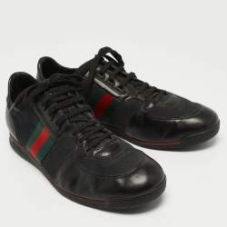 Gucci Black Leather and GG Canvas Web Low Top Sneakers Size 44.5