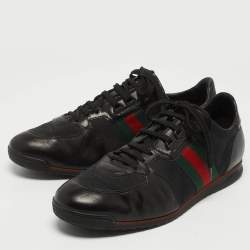 Gucci Black Leather and GG Canvas Web Low Top Sneakers Size 44.5