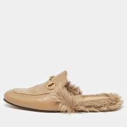 Gucci Brown Leather And Fur Princetown Mules Size 46