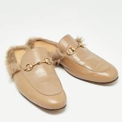 Gucci Brown Leather And Fur Princetown Mules Size 46