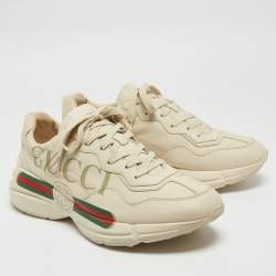 Gucci Cream Leather Rhyton Lace Up Sneakers Size 45.5
