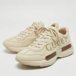 Gucci Cream Leather Rhyton Lace Up Sneakers Size 45.5