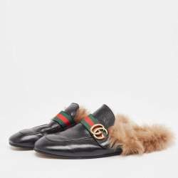Gucci Black Leather Princetown GG Web Mules Size 43