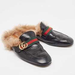 Gucci Black Leather Princetown GG Web Mules Size 43