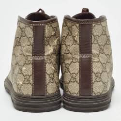 Pre Owned Gucci Beige/Brown GG Supreme Canvas and Leather High Top Sneakers Size 42