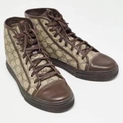 Pre Owned Gucci Beige/Brown GG Supreme Canvas and Leather High Top Sneakers Size 42
