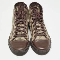 Pre Owned Gucci Beige/Brown GG Supreme Canvas and Leather High Top Sneakers Size 42