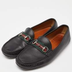 Gucci Black Leather Web Horsebit Slip On Loafers Size 42