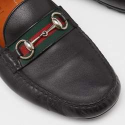 Gucci Black Leather Web Horsebit Slip On Loafers Size 42