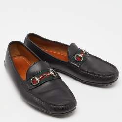 Gucci Black Leather Web Horsebit Slip On Loafers Size 42