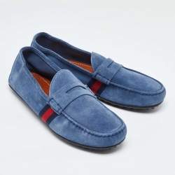 Gucci Blue Suede Web Trim Penny Loafers Size 41.5