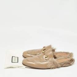 Pre Owned Gucci Beige Leather and Fur Princetown Flat Mules Size 44