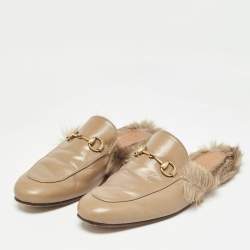 Pre Owned Gucci Beige Leather and Fur Princetown Flat Mules Size 44