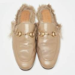 Pre Owned Gucci Beige Leather and Fur Princetown Flat Mules Size 44