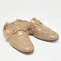 Pre Owned Gucci Beige Leather and Fur Princetown Flat Mules Size 44