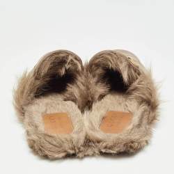 Pre Owned Gucci Beige Leather and Fur Princetown Flat Mules Size 44